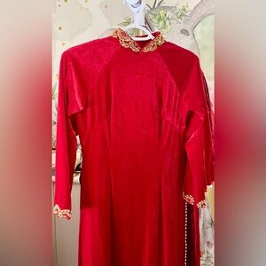Ao dai nhung red velvet, Vietnamese traditional long dress set S 0 🎁 new year
